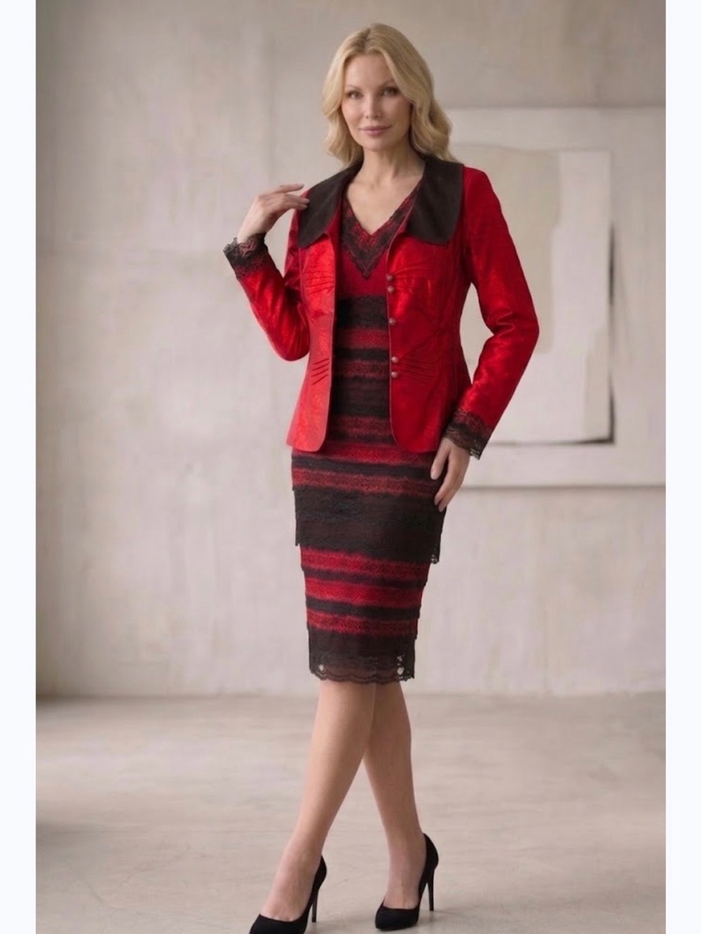 🔴 Elite Two-Piece Lace & Silk Dress Set-L